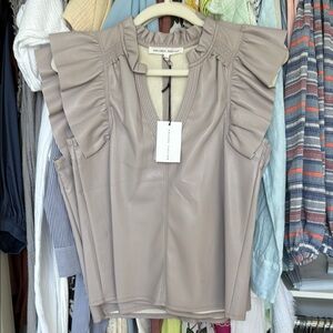 Melissa Nepton purple lilac pleather Puff Sleeve Ruffled Blouse